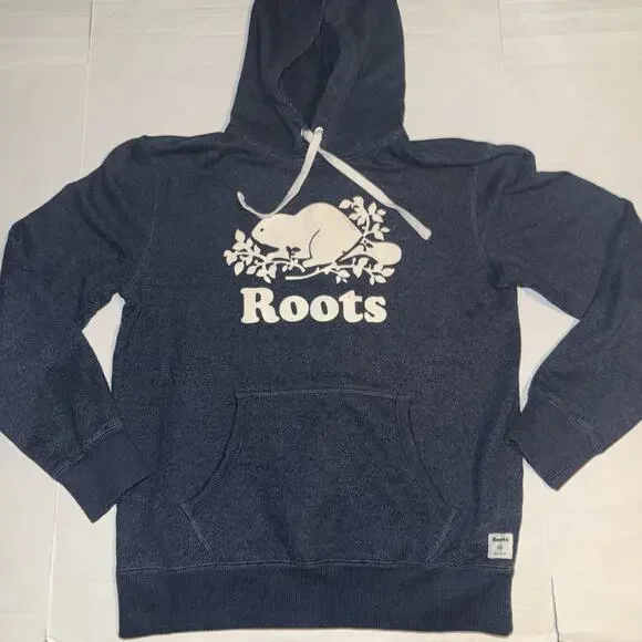 Roots Canada Hoodie Sweatshirt Mens Medium Blue Hooded Pullover Beaver - Picture 1 of 8